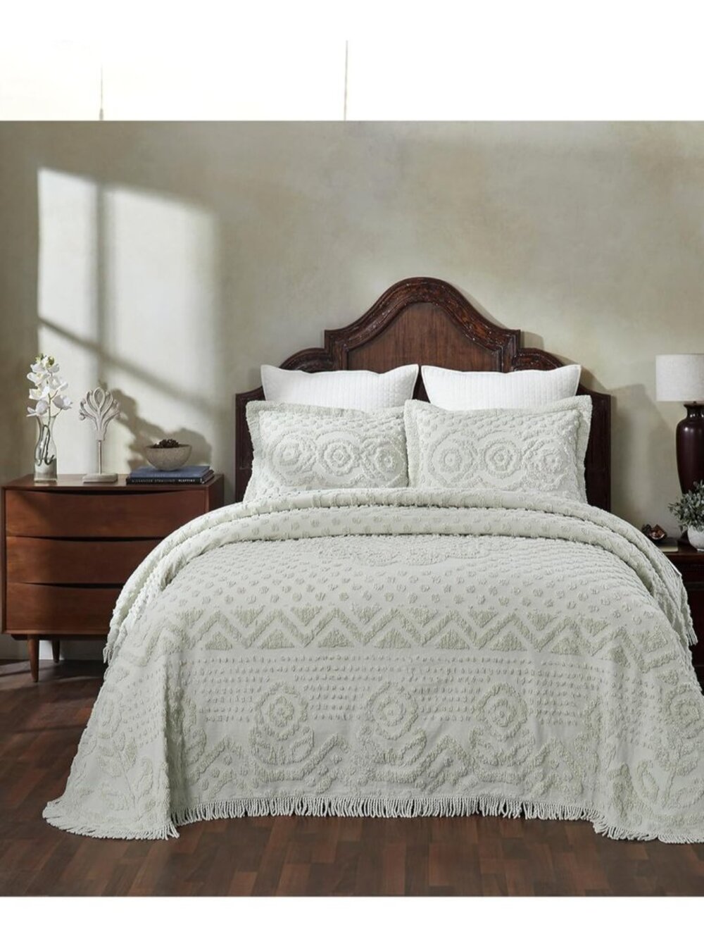 Chenille Bedspreads Queen Size, Sage 100% Cotton Chenille Medallion Design Tufte